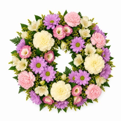 Pastel Pink & Lilac Funeral Wreath - Same Day Flower Delivery in Birmingham by Buttercups & Daisies