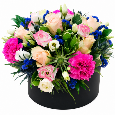 Bright Pink & Blue Hatbox - Same Day Flower Delivery in Birmingham by Buttercups & Daisies